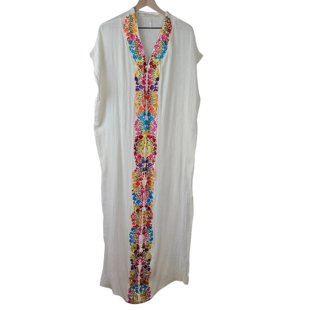 Jen's Pirate Booty Gauze Embroidered Kaftan Sz XS/S Ivory Multi Maxi Dress - Picture 2 of 12